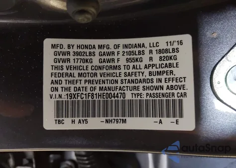 2017 Honda Civic Ex-L from USA, damaged, VIN 19XFC1F81HE004470